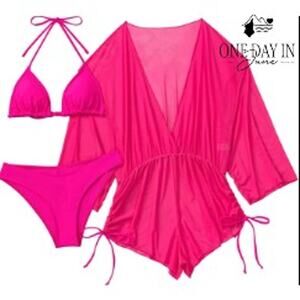 Adisputent 3 Piece Triangle Bikini Swimsuit Mesh Cover Up Hot Pink Size S